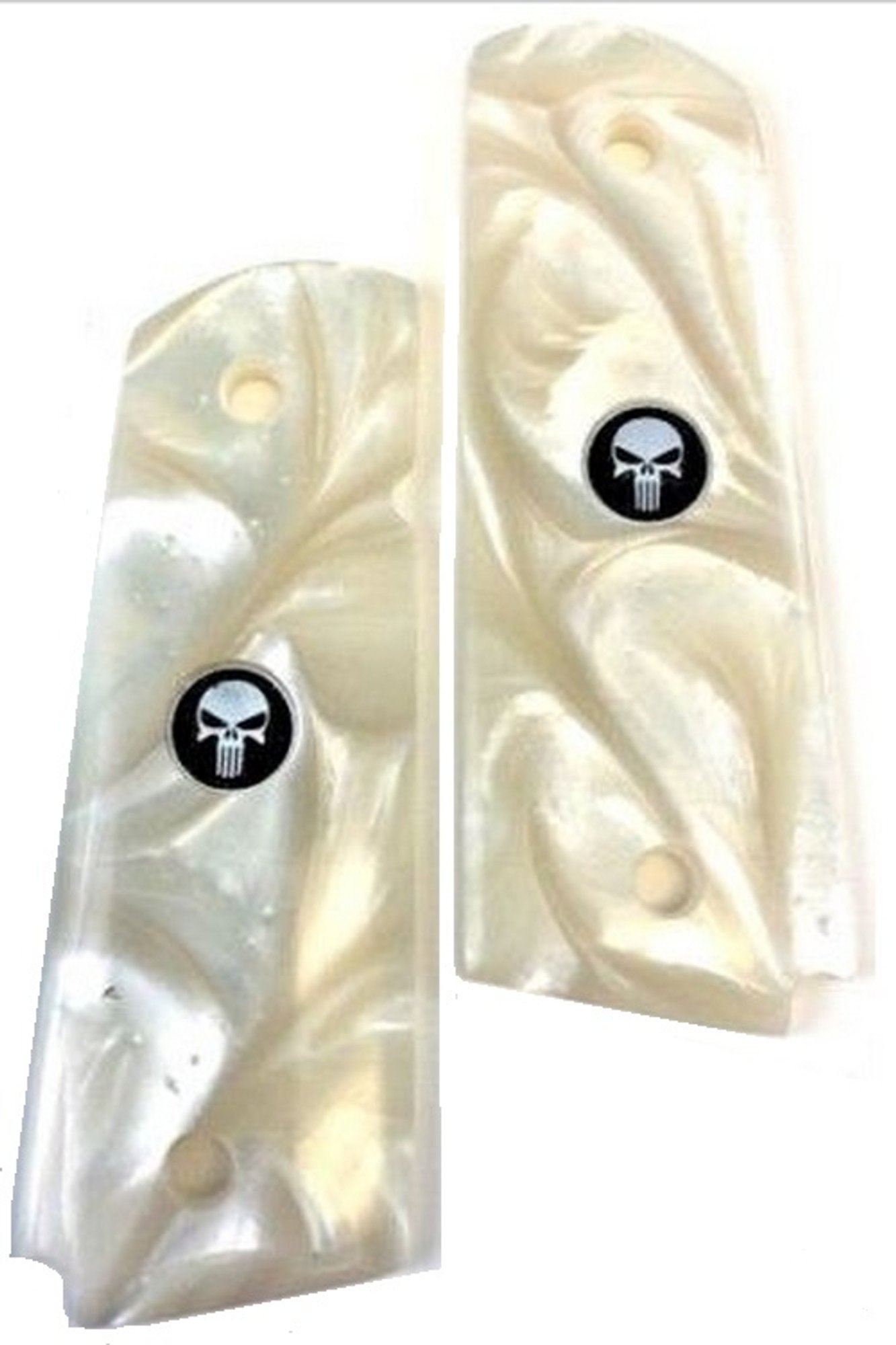 1911 Compact Gun Grips Acrylic Pearl White w/Black Punisher medallions